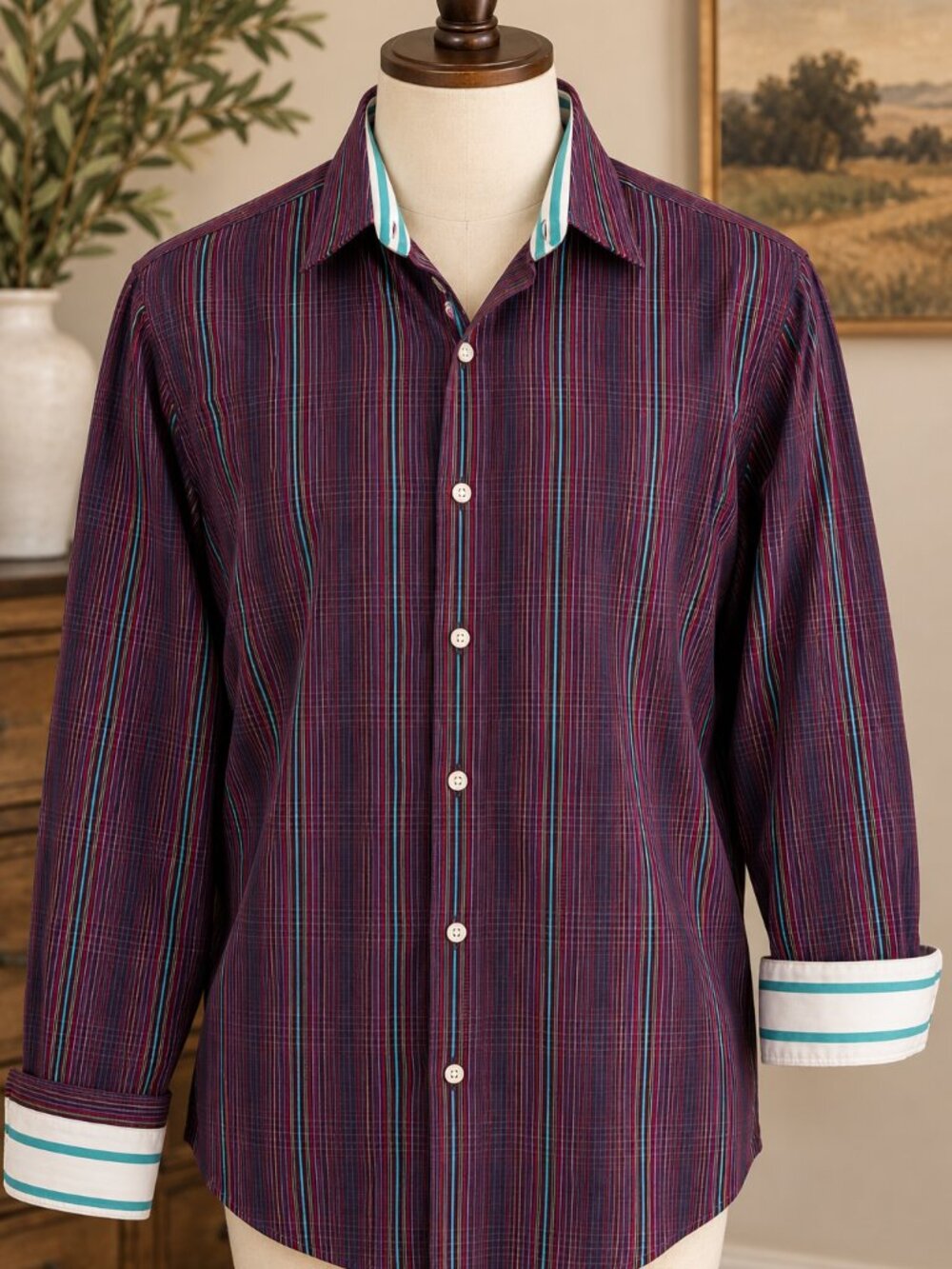 Robert Graham Men’s 3XL Striped Flip Cuff Button Down Shirt Luxury Big & Tall